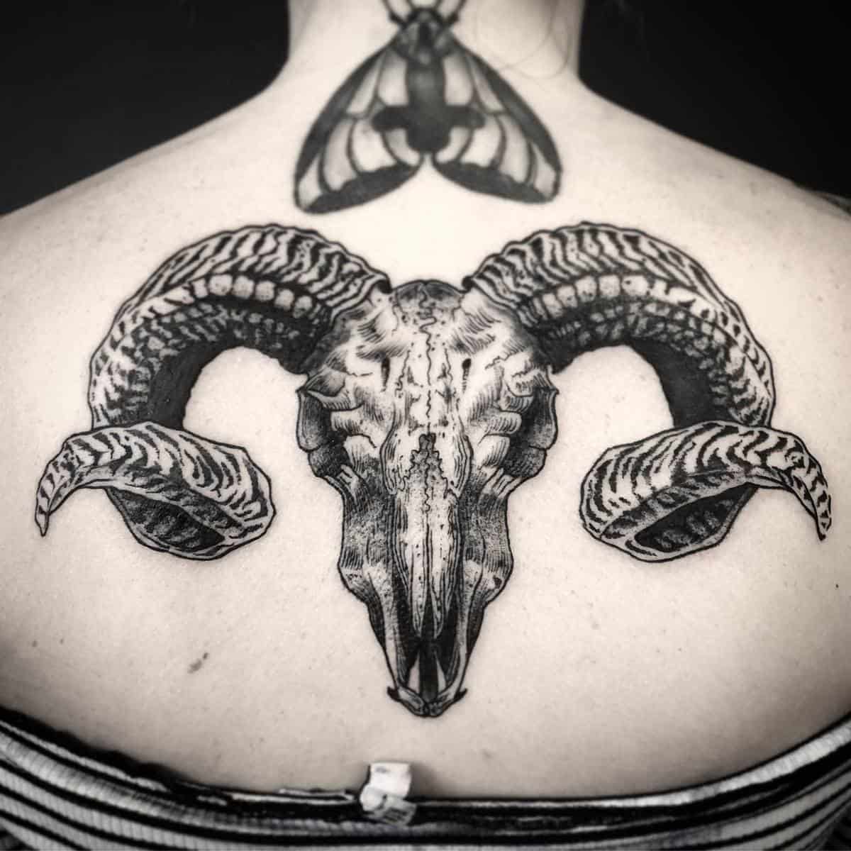 Black and white tattoo of a ram skull with large curved horns on an upper back