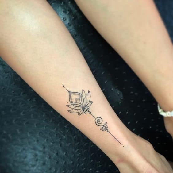 Unalome tattoo with a blooming lotus on the forearm, symbolizing spiritual growth, resilience, and the journey to enlightenment.