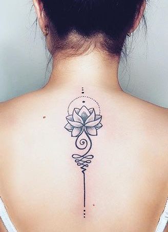 Unalome tattoo with a shaded lotus on the upper back, symbolizing spiritual awakening, growth, and the journey to enlightenment.