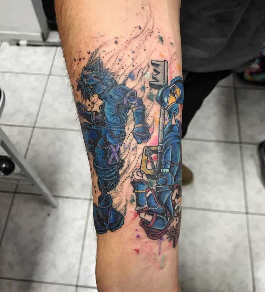 Dynamic Kingdom Hearts tattoo of Sora in Anti Form battling his regular form, with a glowing blue aura and detailed shading on the forearm.