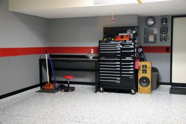 modern garage gray wall with red line tall toolbox 