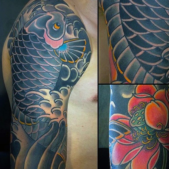 Nice Grey Fish Japanese Sleeve Tattoo For Guys