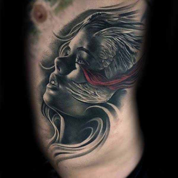 Nice Guys Female Portrait With Wings Rib Cage Side Tattoo