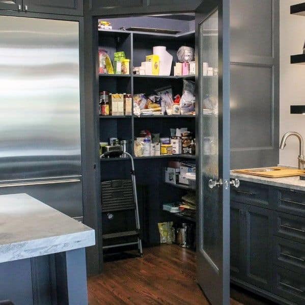gray pantry door with large pane of frosted glass 