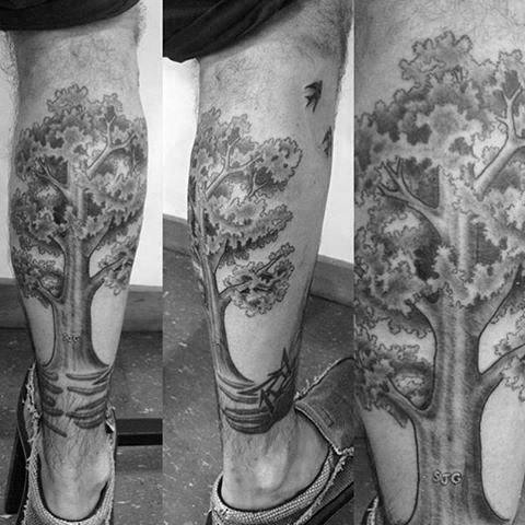Nice Leafy Oak Tree Tattoos On Calves For Guys