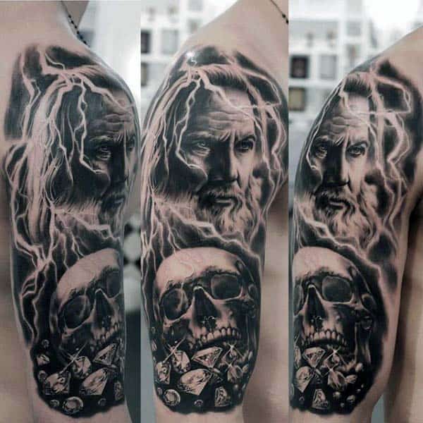 Nice Portrait With Skull And Dimaonds Mens Arm Tattoos