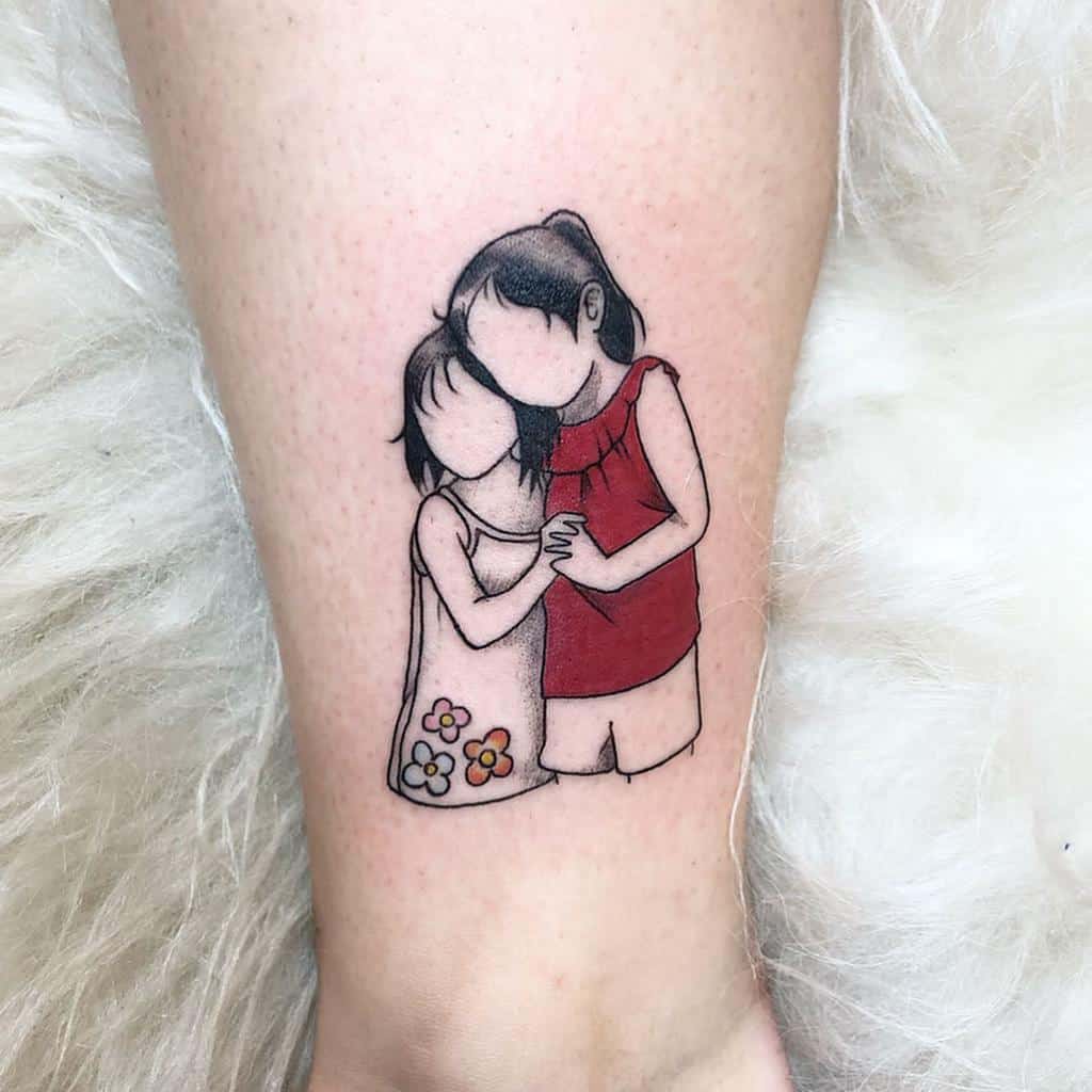 Tattoo of two faceless sisters embracing, one in a red top and the other in a floral dress, symbolizing love and a deep sibling bond