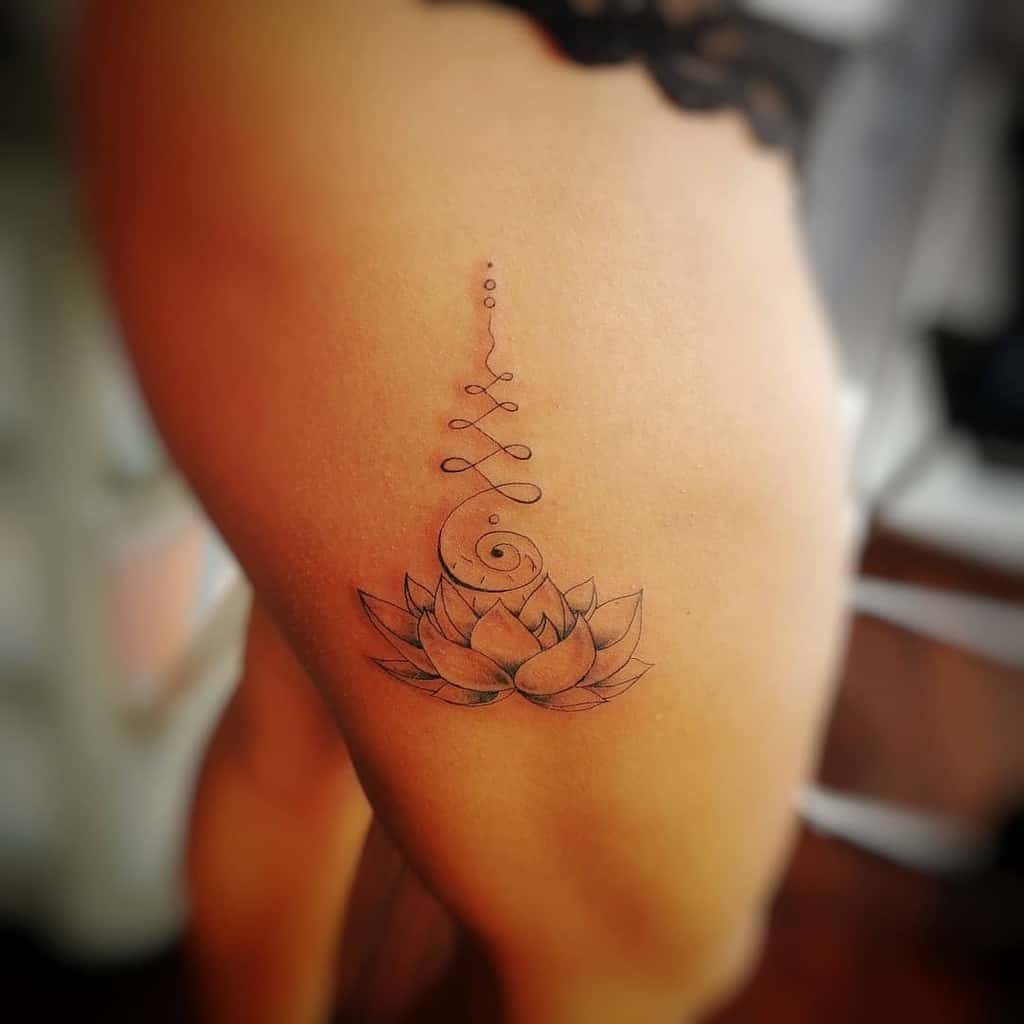 Unalome tattoo with a lotus on the thigh, symbolizing spiritual awakening, growth, and the journey to enlightenment and inner peace.