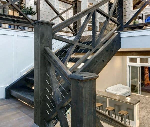 nice stair railing rustic wood and steel wire interior
