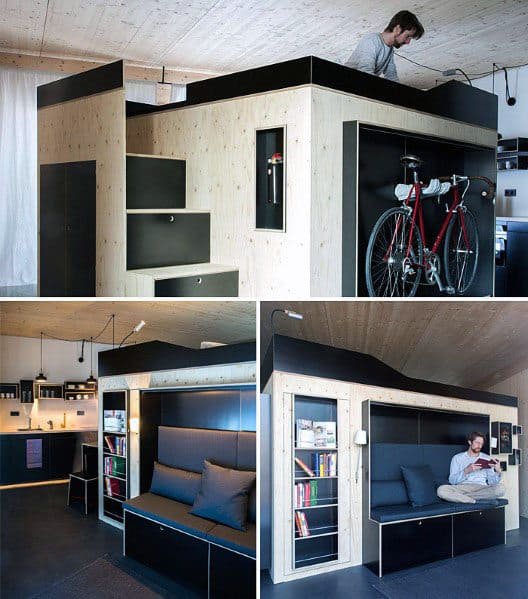 Compact studio unit with built-in loft bed, bike storage, seating, and integrated shelves.