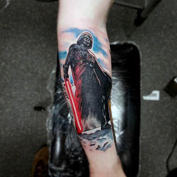 Nice Tattoo Of Darth Vader With Light Saber Mens Forearms
