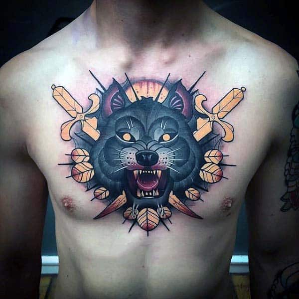 Nice Wolf Head With Gold Swords Mens Neo Traditional Chest Tattoos