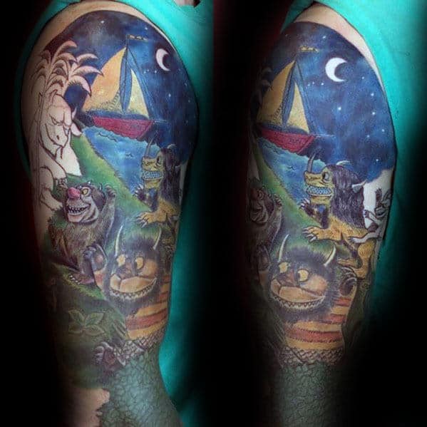 Night Scene Mens Where The Wild Things Are Book Tattoo Half Sleeve