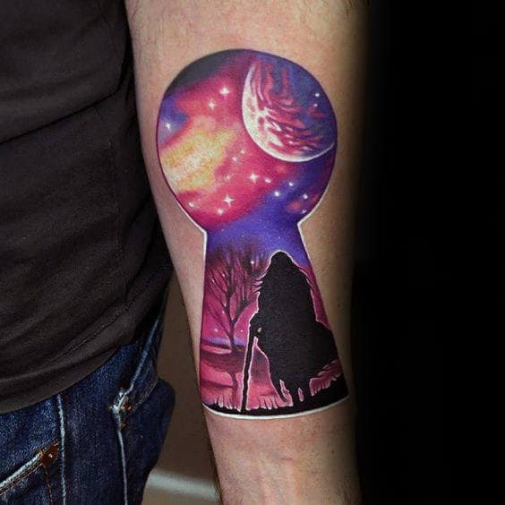 Night Sky Silhouette Keyhole Mens Inner Forearm Tattoo Ideas