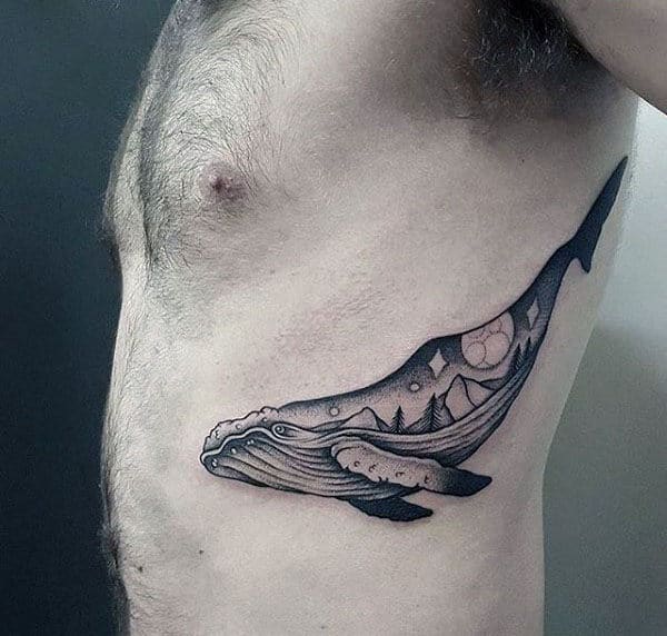 Night Sky Whale Mens Rib Cage Side Tattoos
