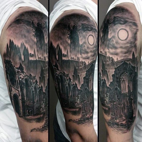 Night Sky With Cthulhu And Buildings Mens Half Sleeve Tattoos