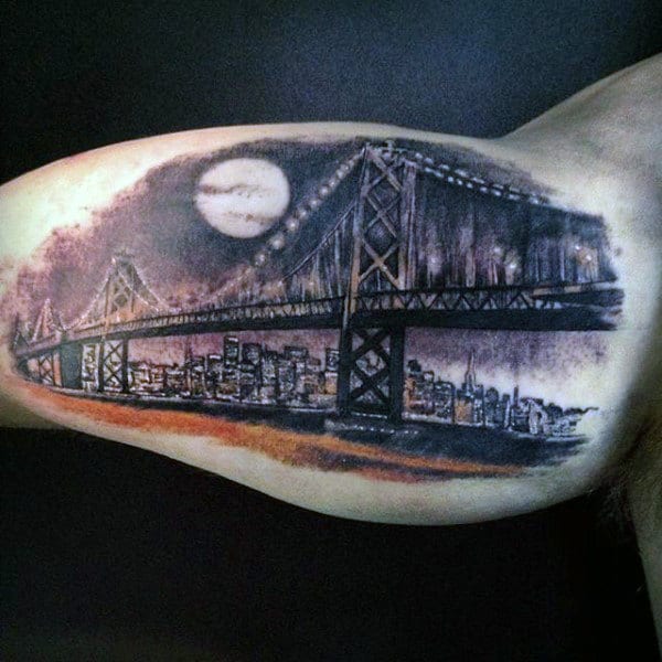 Night Sky With Moon Bridge Mens Inner Arm Bicep Tattoo