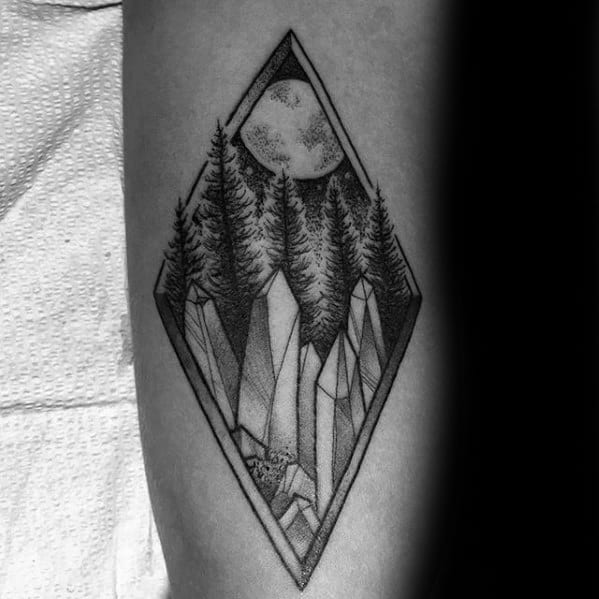 Night Sky With Moon In Forest And Crystals Guys Small Forearm Tattoo