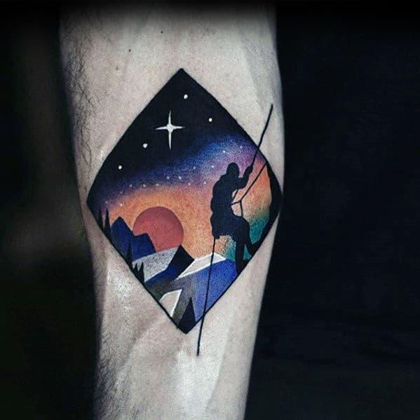 Night Sky With Rock Climber Awesome Mens Modern Arm Tattoo Ideas