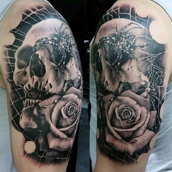 Nightmarish Spider And Rose Tattoo On Arms For Men