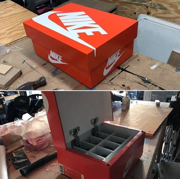 Nike shoebox converted into a storage box with compartments, shown open and closed on a workbench