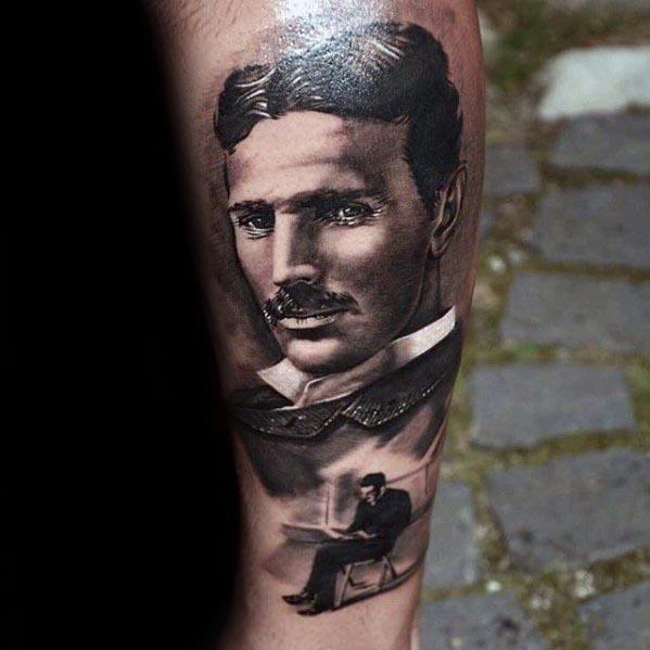 Realistic black and grey Nikola Tesla tattoo with a detailed portrait above a smaller scene of him seated with lightning in the background.