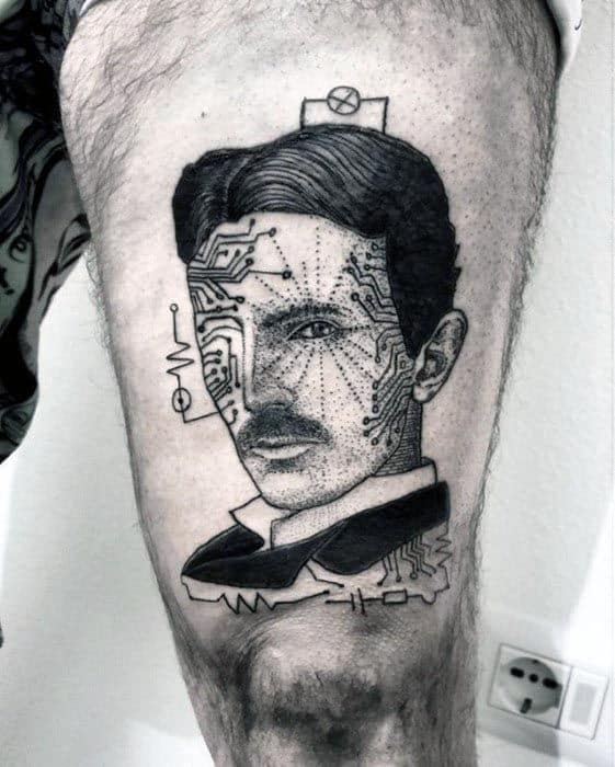 Black and grey tattoo of Nikola Tesla with circuit board patterns integrated into his face, blending science and technology.