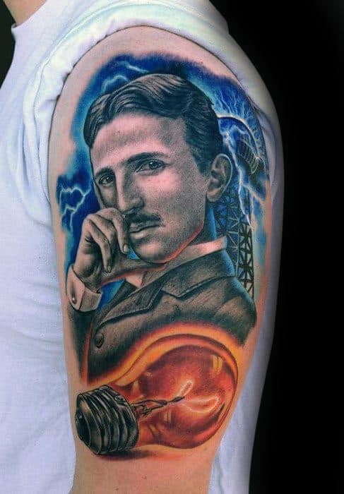 Vivid color tattoo of Nikola Tesla with a thinking pose, surrounded by lightning, a Tesla tower, and a glowing orange lightbulb.