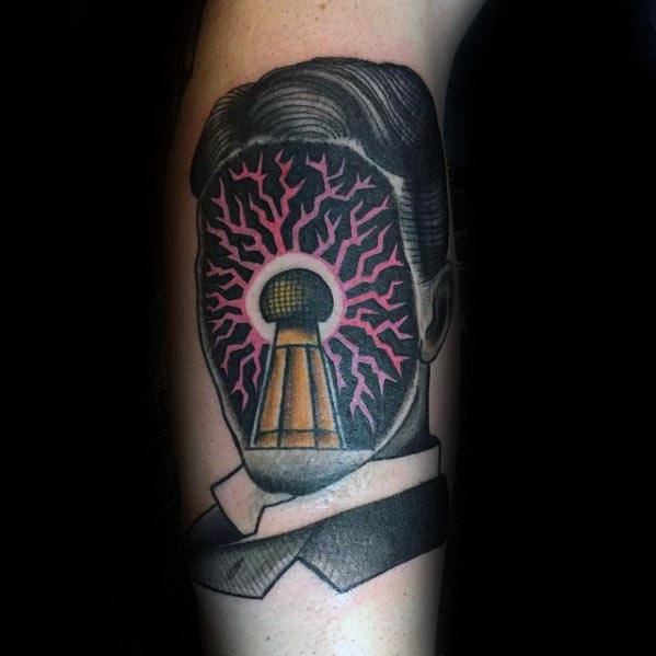 Surreal Nikola Tesla tattoo with a Wardenclyffe Tower replacing his face, surrounded by vivid pink lightning branches.