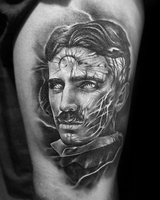 Dark surreal tattoo of Nikola Tesla with glowing eyes, electric currents across his face, and intense shading for a haunting effect.