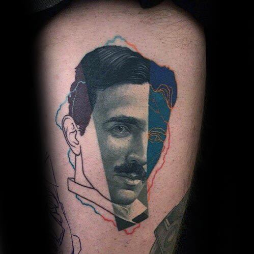 Modern split-style tattoo of Nikola Tesla’s face with contrasting color blocks and abstract outlines in red and blue.
