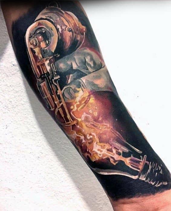 Realistic color tattoo of a hand holding an electrical device with fiery orange energy flowing into a glowing lightbulb.