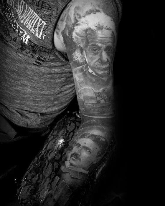 Black and grey sleeve tattoo featuring realistic portraits of Albert Einstein and Nikola Tesla, connected through detailed scientific elements.