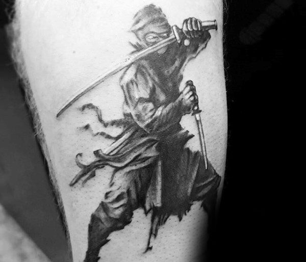 Ninja Fighting With Swords Tattoo For Men On Arm