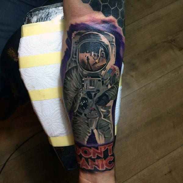 No Panic Brave Astronaut Tattoo Mens Forearms