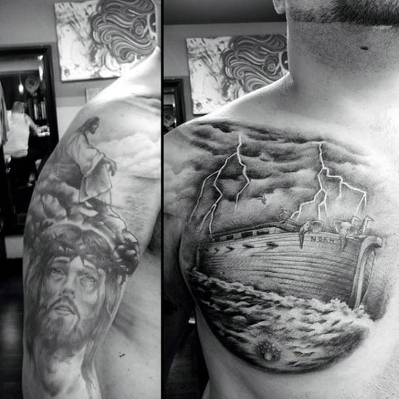 Noahs Ark Christian Tattoo For Men On Chest With Jesus On Arm