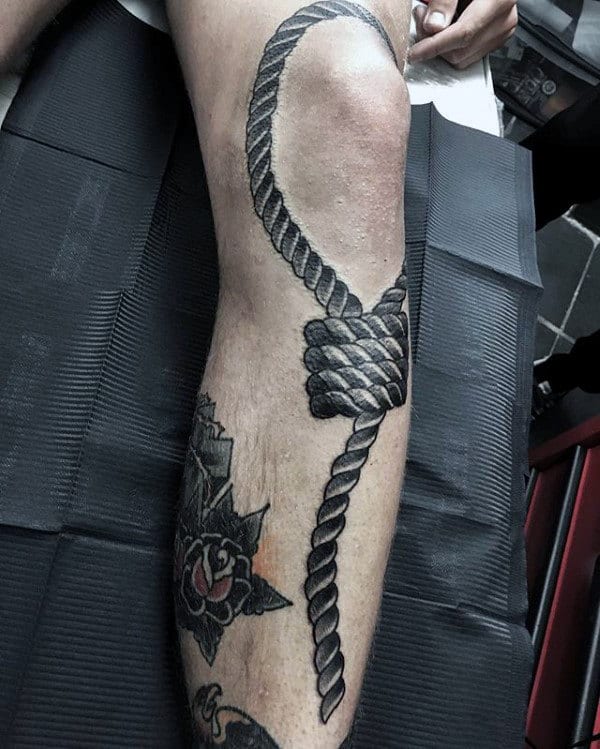 Noose Around Knee Cap Mens Leg Tattoo Designs