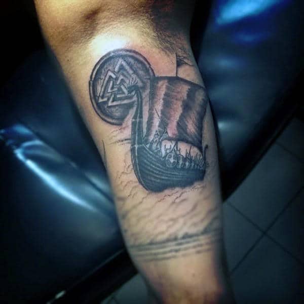 Nordic Ship With Valknut Cicle Mens Inner Arm Bicep Tattos