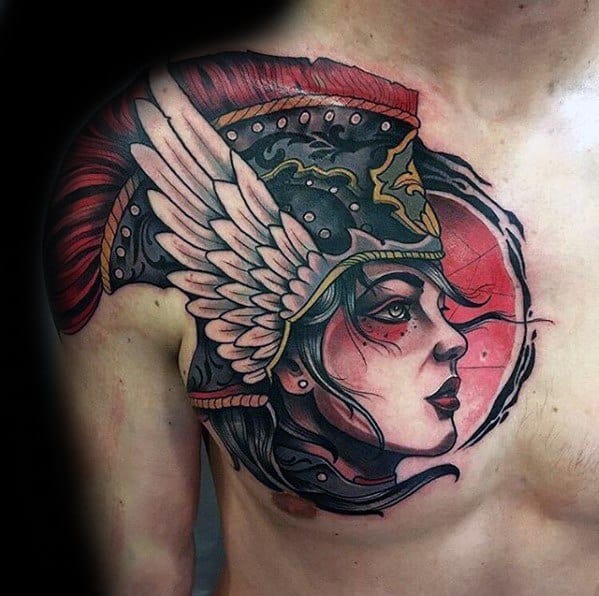 Nordic Valkyrie Tattoo On Men Neo Traditional Design On Chest