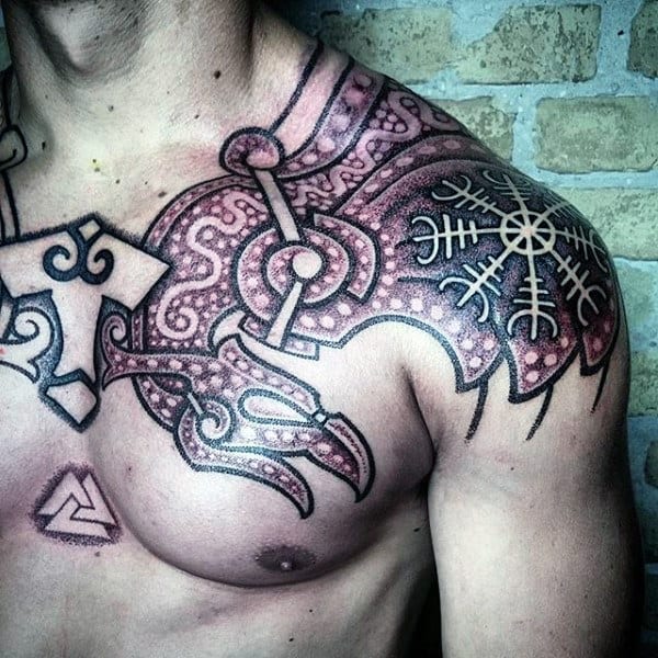 Norse Mens Mjolnir Tribal Tattoo Design On Chest