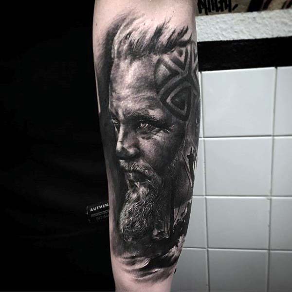 Norse Mens Portrait Shaded Nice Forearm Sleeve Tattoo