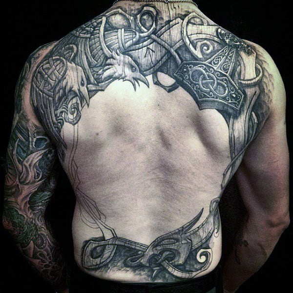 Norse Mens Wood Carving Tattoo On Back