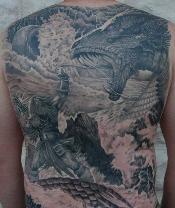 Norse Mythology God Thor With Mjolnir And Dragon Guys Full Back Tattoos