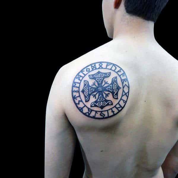 Norse Rune Circle Back Tattoo On Man