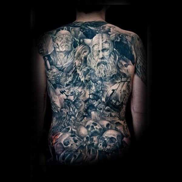 Norse Skulls With Odin On Battlefield Mens Full Back Tattoo Design Ideas