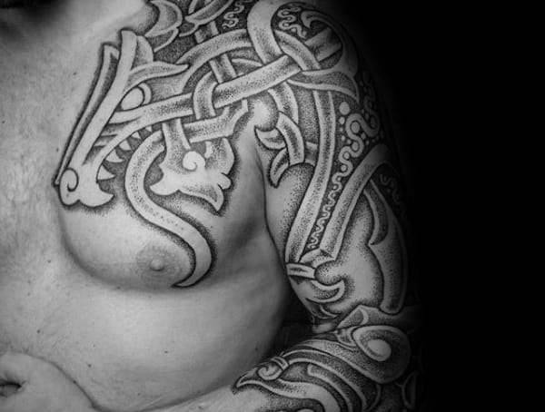 Black and grey Norse-inspired tattoo sleeve featuring intricate knotwork, Viking-style patterns, and a stylized dragon head with dotwork shading.