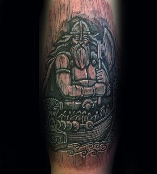 Norse Warrior On Sailing Ship Wood Carving Mens Arm Tattoos