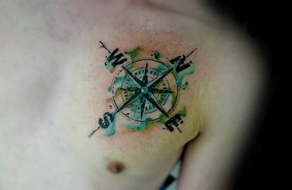 North East West And South Guys Watercolor Compass Chest Tattoo