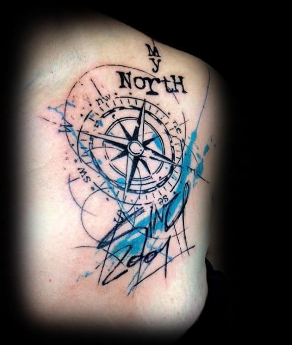 North Watercolor Compass Blue Ink Mens Back Tattoo