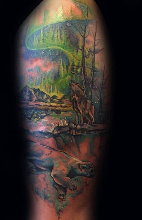Northern Lights Male Polar Bear Watercolor Arm Tattoo Designs